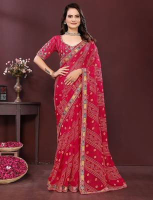 Pink bahdhani printed embroidered georgette saree with unstitched blouse 1