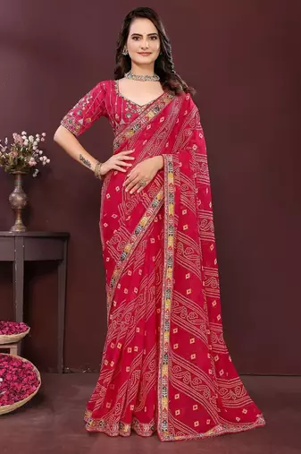 Pink bahdhani printed embroidered georgette saree with unstitched blouse