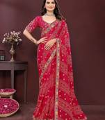 Pink bahdhani printed embroidered georgette saree with unstitched blouse