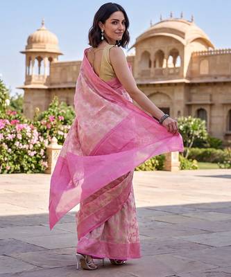 Pink-cream blended cotton woven saree with blouse 3