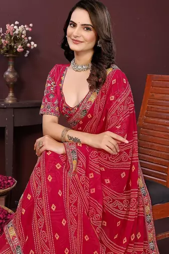 Pink bahdhani printed embroidered georgette saree with unstitched blouse