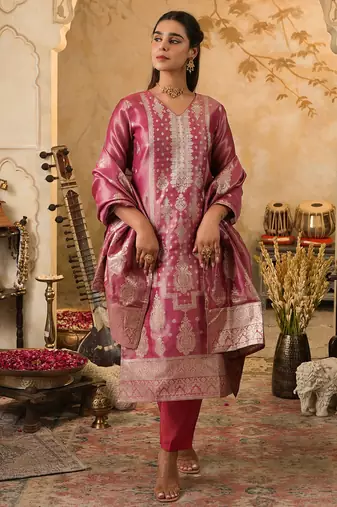 Pink woven silk blend kurta trouser dupatta set