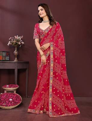 Pink bahdhani printed embroidered georgette saree with unstitched blouse 3