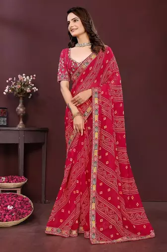 Pink bahdhani printed embroidered georgette saree with unstitched blouse