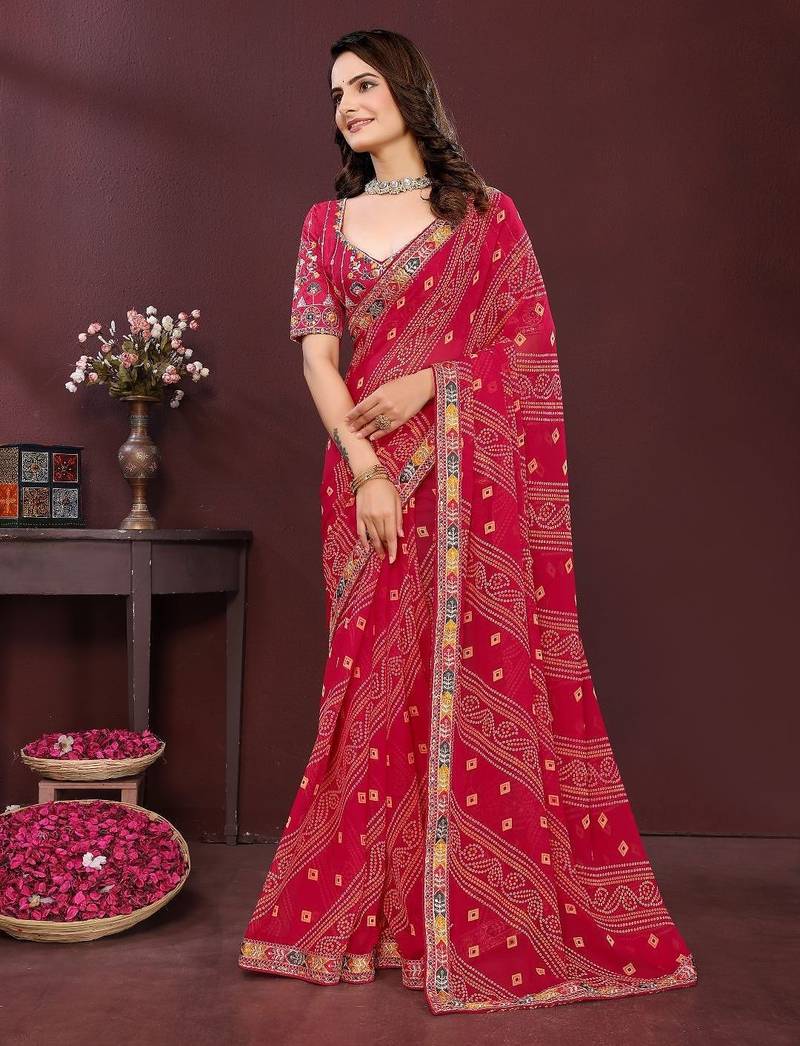 Pink bahdhani printed embroidered georgette saree with unstitched blouse