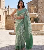 Green blended cotton woven saree with blouse