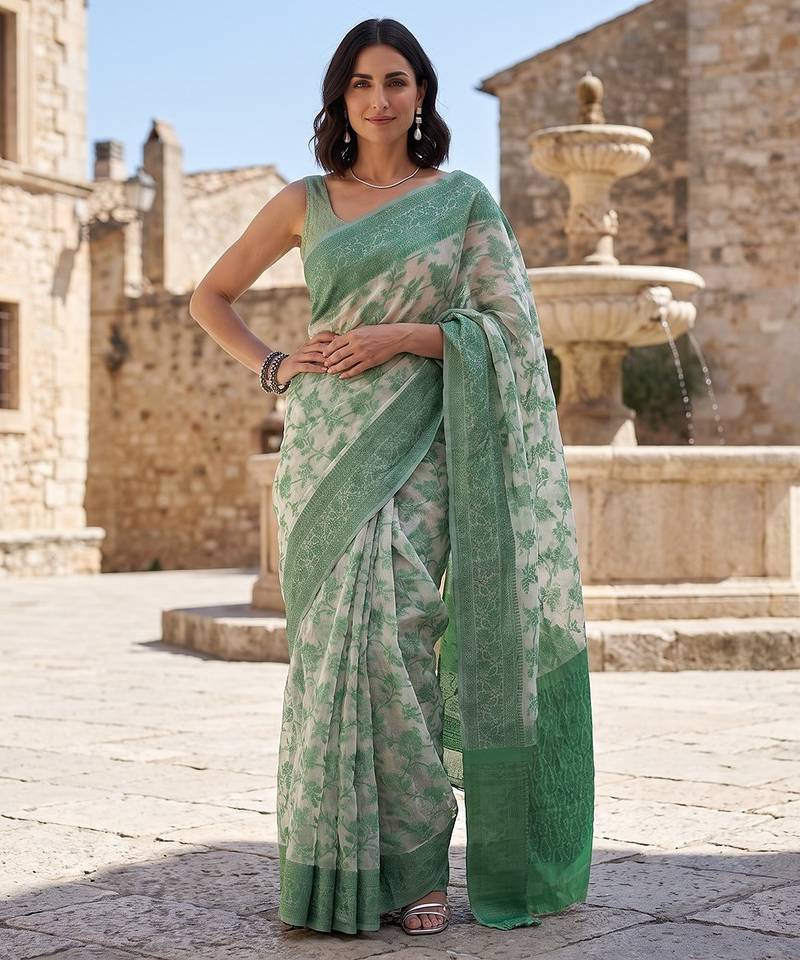 Green blended cotton woven saree with blouse