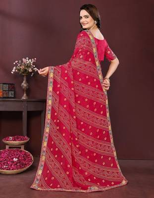 Pink bahdhani printed embroidered georgette saree with unstitched blouse 4
