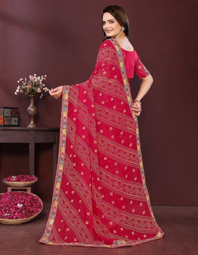 Pink bahdhani printed embroidered georgette saree with unstitched blouse
