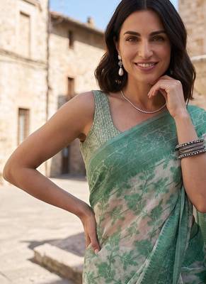 Green blended cotton woven saree with blouse 2