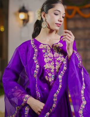 Purple embroidered liva kurta trouser dupatta set 1