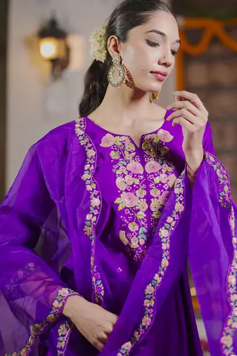 Purple embroidered liva kurta trouser dupatta set