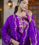 Purple embroidered liva kurta trouser dupatta set