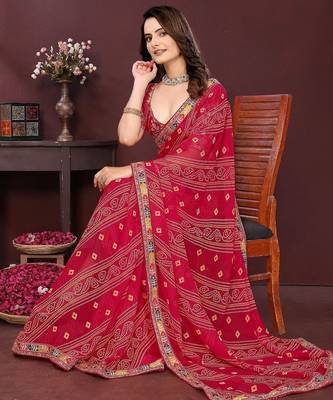 Pink bahdhani printed embroidered georgette saree with unstitched blouse 5