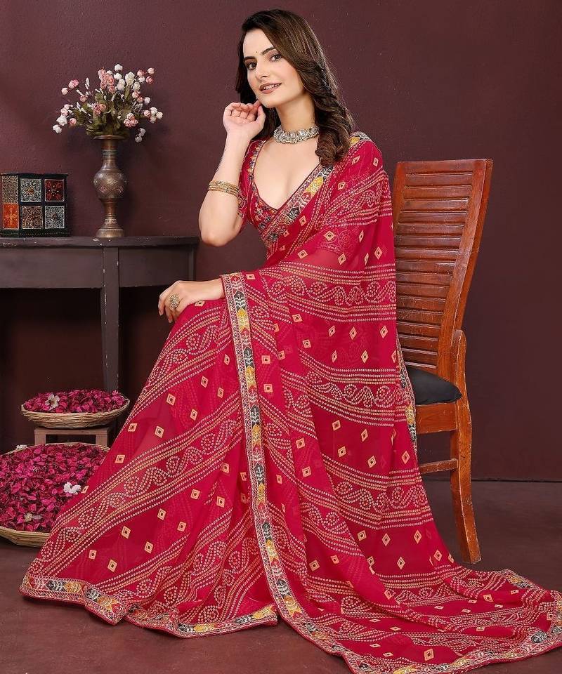 Pink bahdhani printed embroidered georgette saree with unstitched blouse