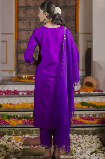 Purple embroidered liva kurta trouser dupatta set
