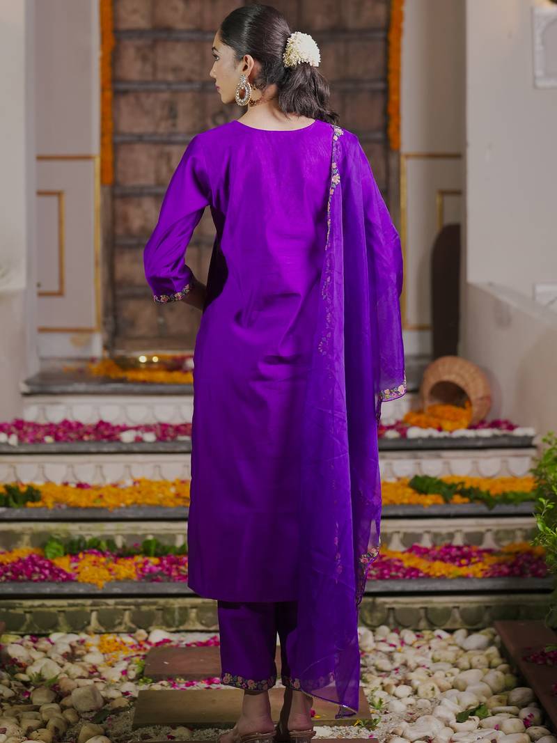 Purple embroidered liva kurta trouser dupatta set