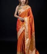 Mustard satin woven saree with blouse