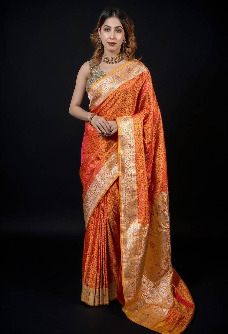 Mustard satin woven saree with blouse