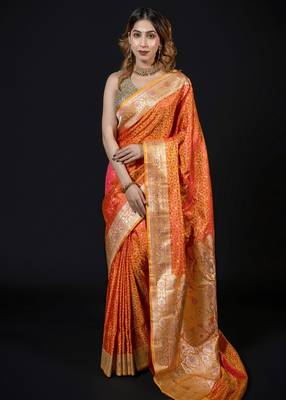 Mustard satin woven saree with blouse 2