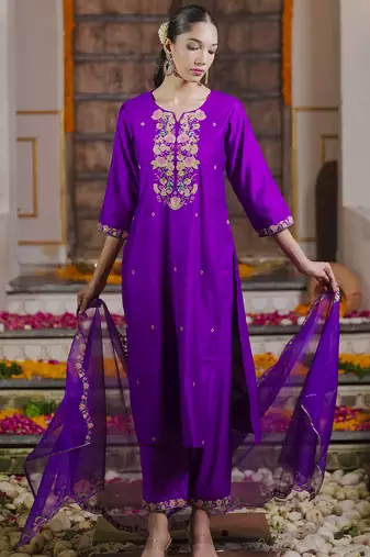 Purple embroidered liva kurta trouser dupatta set