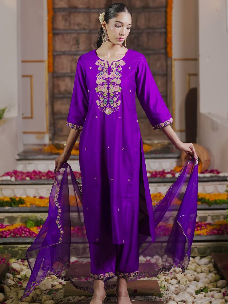 Purple embroidered liva kurta trouser dupatta set
