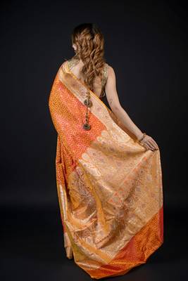 Mustard satin woven saree with blouse 4