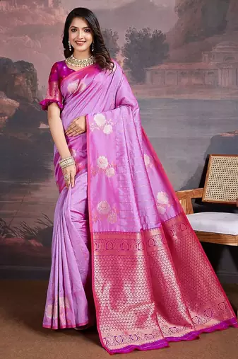 Pink woven design zari saree with blouse piece