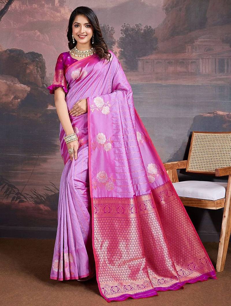 Pink woven design zari saree with blouse piece