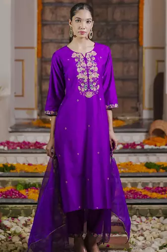 Purple embroidered liva kurta trouser dupatta set