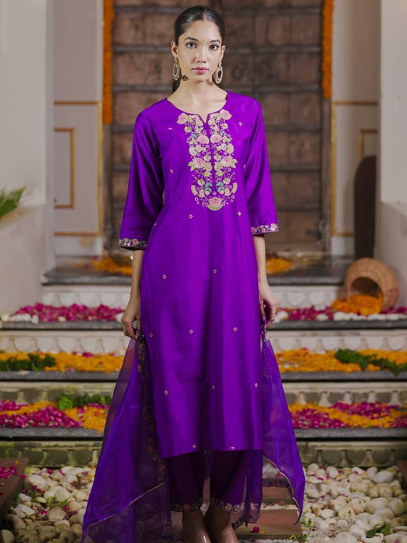 Purple embroidered liva kurta trouser dupatta set