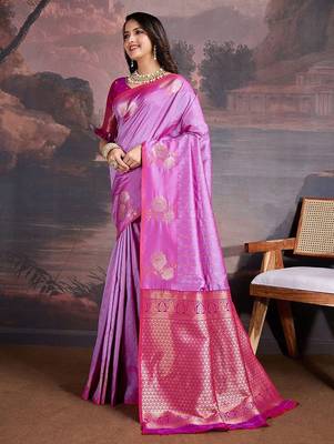 Pink woven design zari saree with blouse piece 2