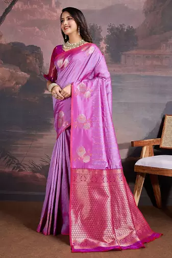 Pink woven design zari saree with blouse piece
