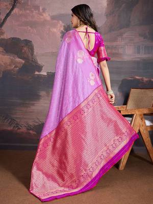 Pink woven design zari saree with blouse piece 3