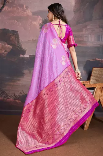 Pink woven design zari saree with blouse piece