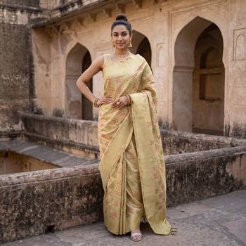 Beige katan silk woven saree with blouse 1