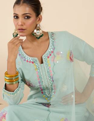 Sea green embroidered silk blend kurta trouser dupatta set 1