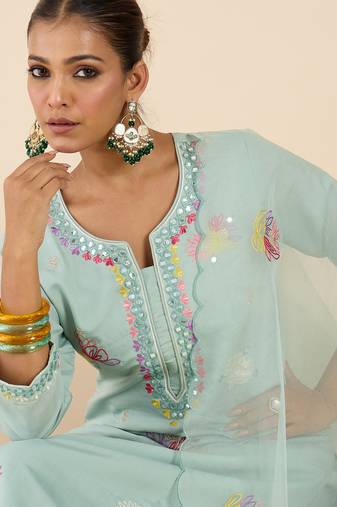 Sea green embroidered silk blend kurta trouser dupatta set