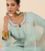 Sea green embroidered silk blend kurta trouser dupatta set