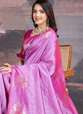 Pink woven design zari saree with blouse piece 4