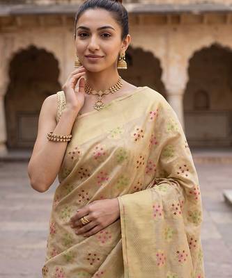 Beige katan silk woven saree with blouse 2