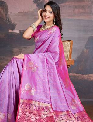 Pink woven design zari saree with blouse piece 5