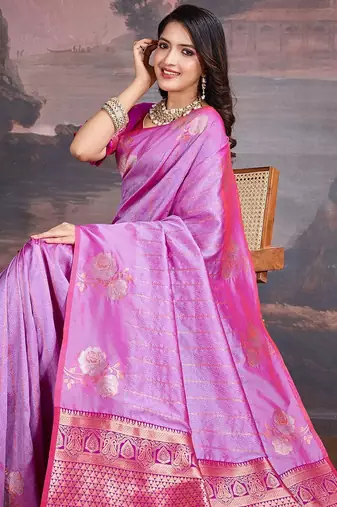 Pink woven design zari saree with blouse piece