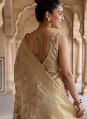 Beige katan silk woven saree with blouse 3
