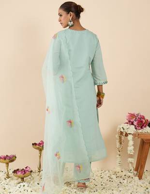 Sea green embroidered silk blend kurta trouser dupatta set 2