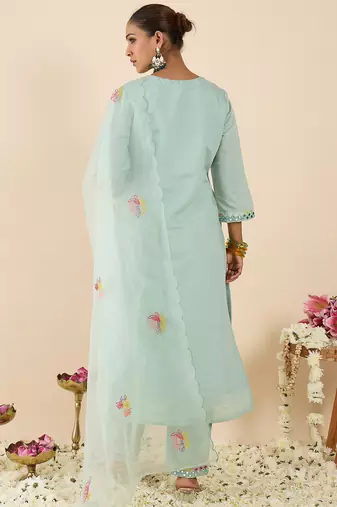 Sea green embroidered silk blend kurta trouser dupatta set