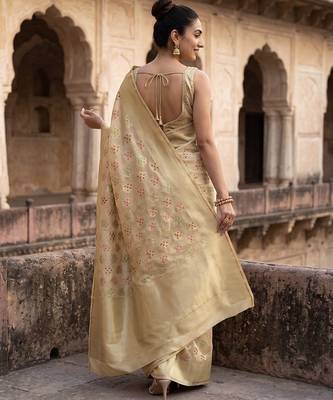 Beige katan silk woven saree with blouse 4