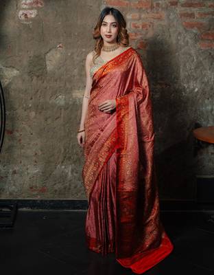 Pink satin woven saree with blouse 1