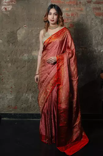Pink satin woven saree with blouse