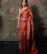 Pink satin woven saree with blouse